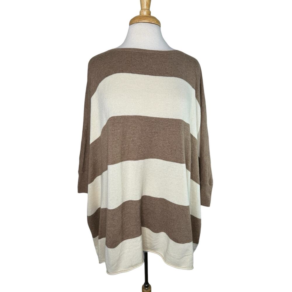 MOTH Anthropologie Tan Ivory Wool Blend Stripe Minimalist Sweater Size Medium